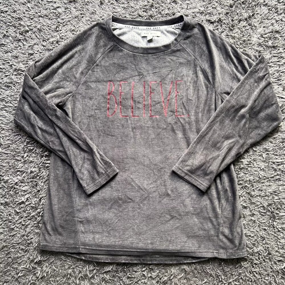 Rae Dunn Shirt Womens Large Gray Long Sleeve Believe Pajama Top